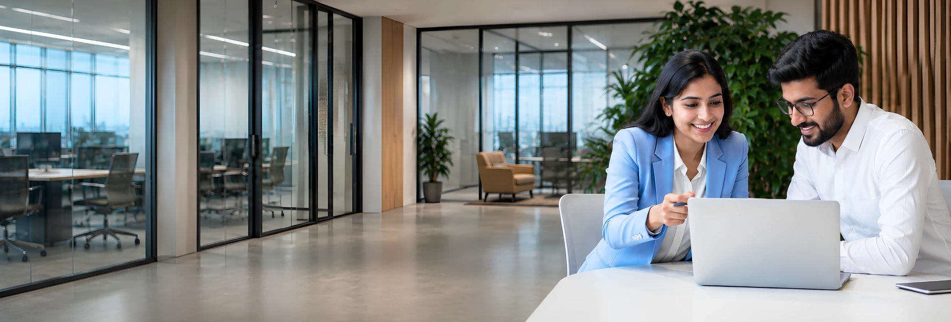 Professionals collaborating on website management in a modern office